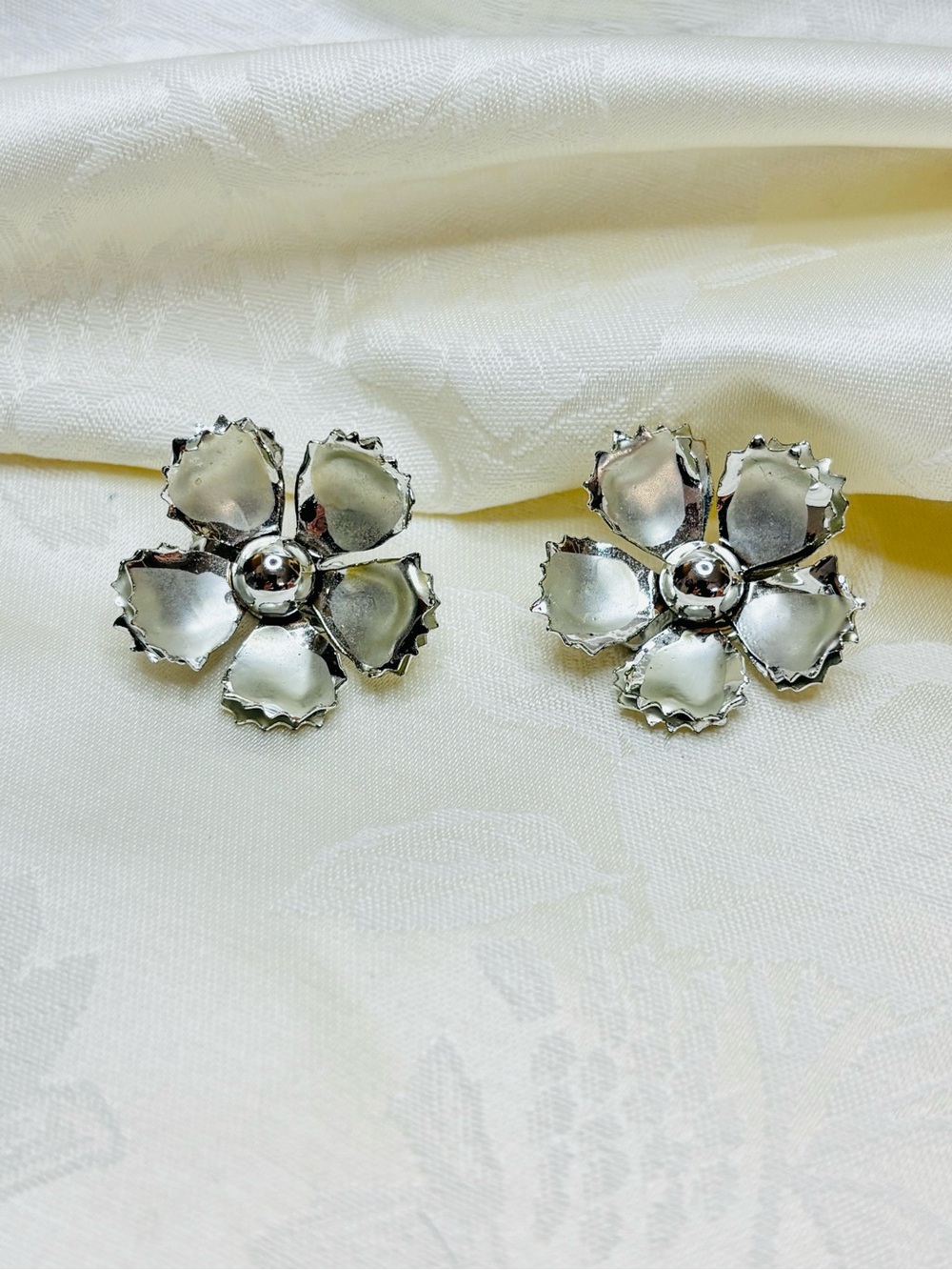 Vintage Silver Flower Clip On Earrings